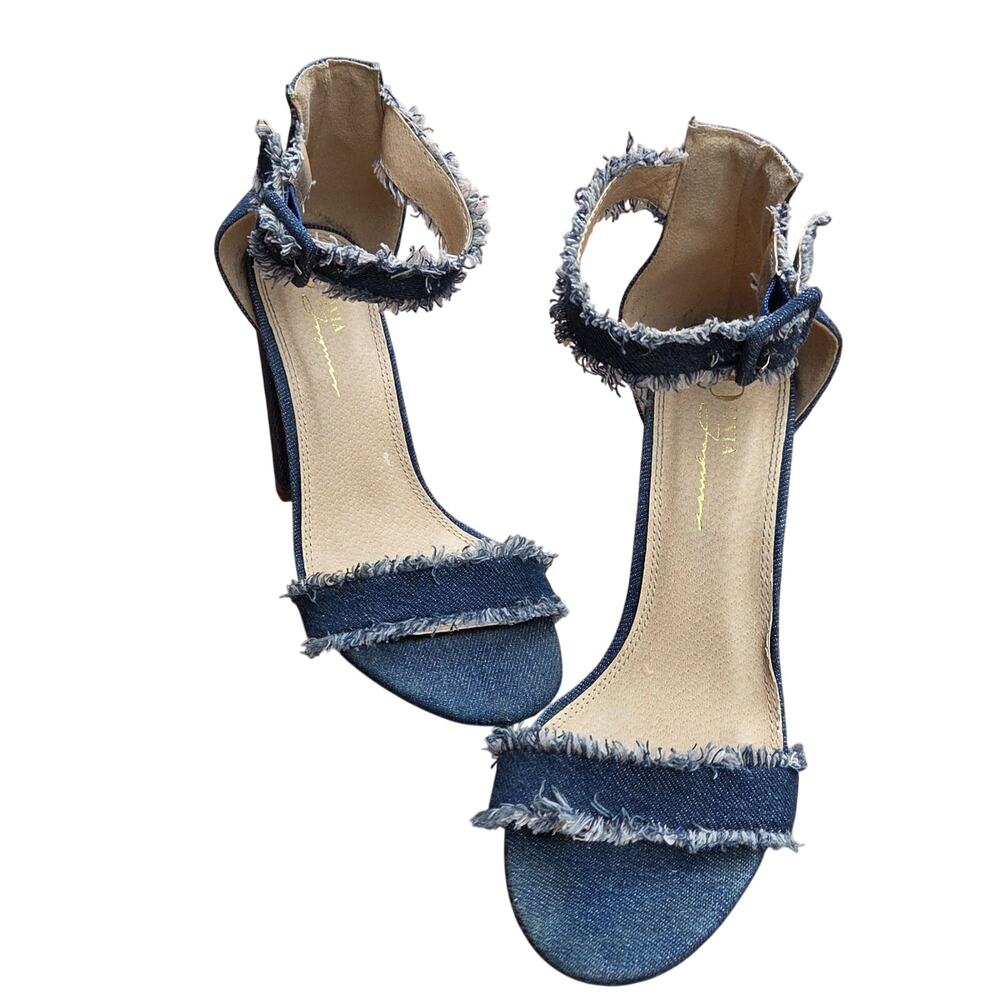 Olivia Ferguson Denim Block Heel Sandals 7 Frayed Barely There Chic - Picture 4 of 10